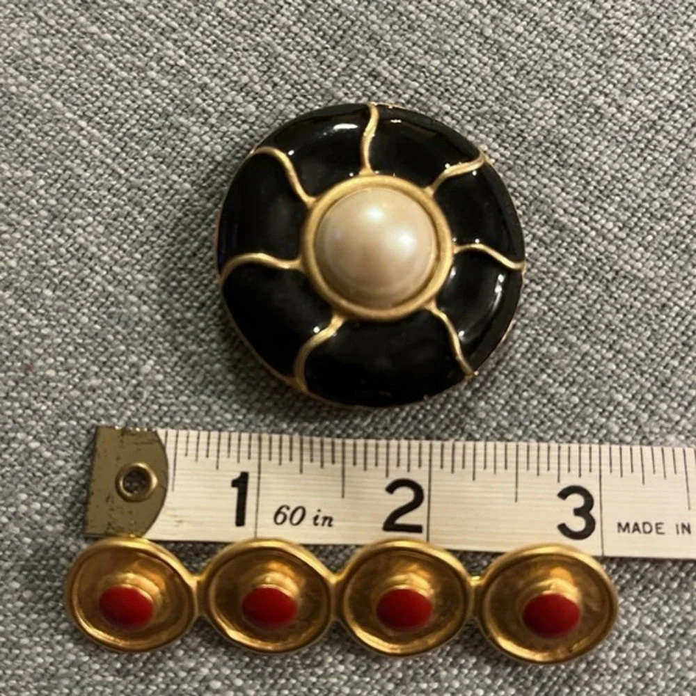 2 Vintage Enamel & Gold Tone Brooches Red Four Dot Bar, Black Circle Giant Pearl